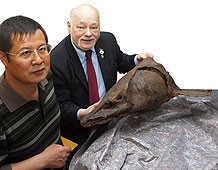 Störexperten (von links): Professor Qiwei Wei (Yangtze River Fisheries Research Institute), Professor Harald Rosenthal (WSCS-Päsident) und Dr. Zhijie Guo (National Aquatic Wildlife Conservation Association, Peking) mit dem Präparat eines Stör-Kopfes.Foto: Schmidt